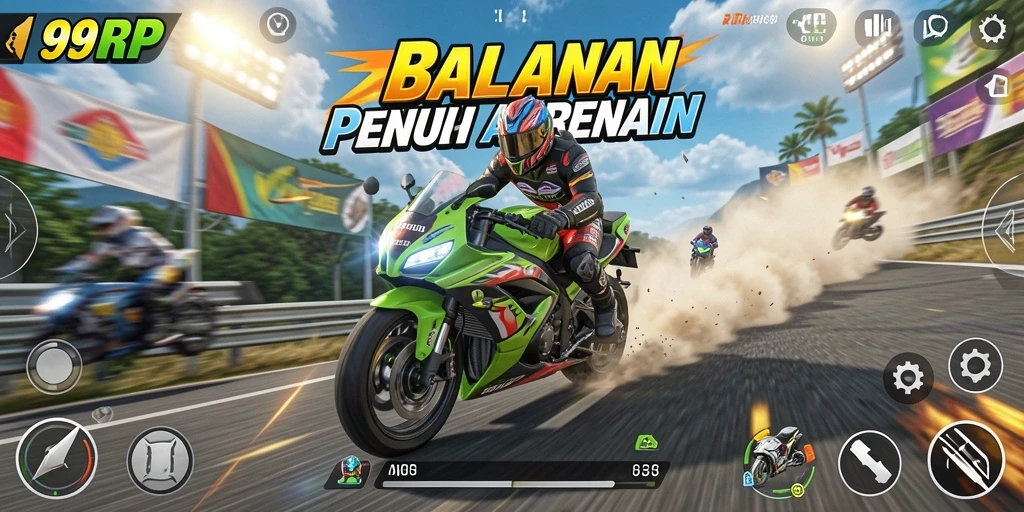 Tampilan gameplay 99RP yang mendebarkan saat balapan motor.