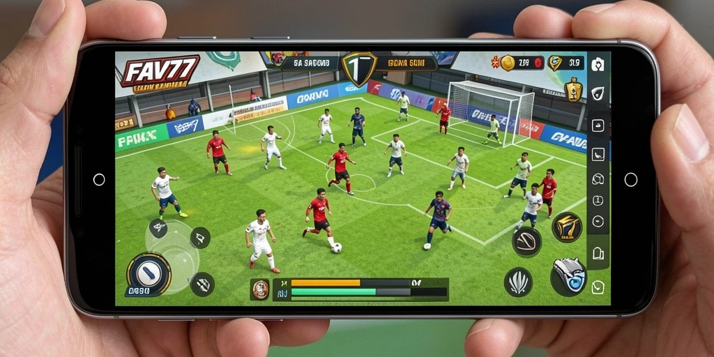 Screenshot gameplay FAV77 menampilkan aksi sepak bola yang mendebarkan.