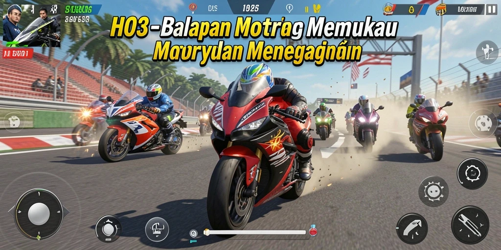 Screenshot gameplay H03 menampilkan aksi balap motor yang mendebarkan.