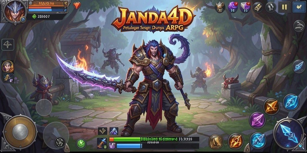 Tangkapan layar gameplay JANDA4D yang menunjukkan pertempuran epik di dunia fantasi.