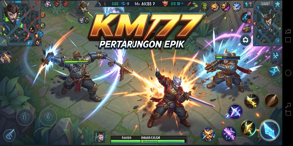 Screenshot utama KM777 menampilkan aksi pertarungan seru dalam gameplay MOBA.