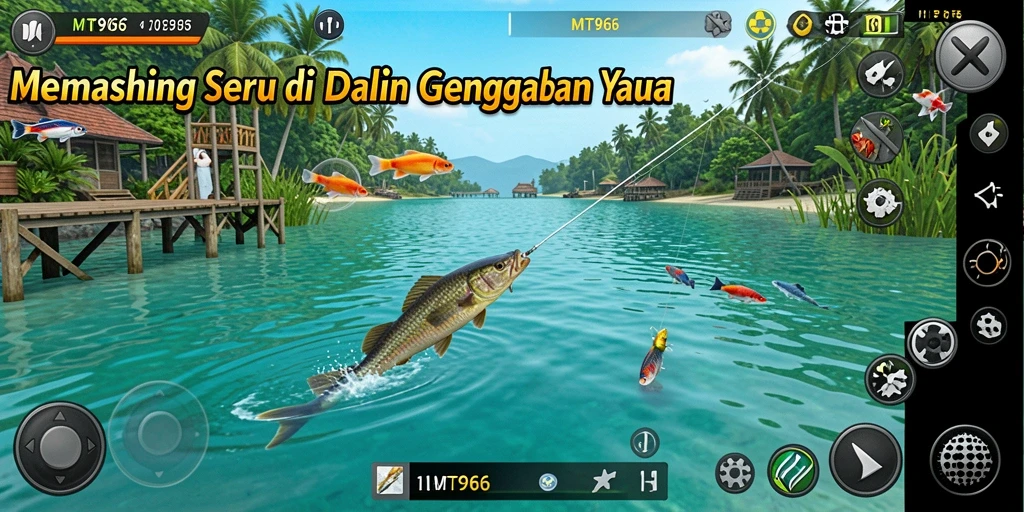 Screenshot gameplay MT966 menunjukkan pemain sedang memancing di danau yang indah.