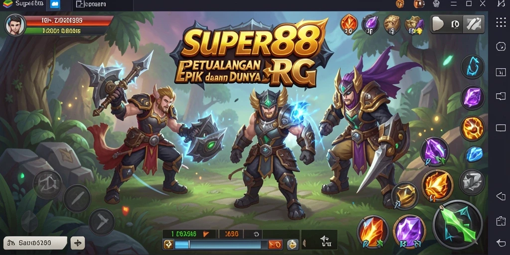 Tangkapan layar SUPER88 menampilkan pertempuran spektakuler dalam suasana RPG.